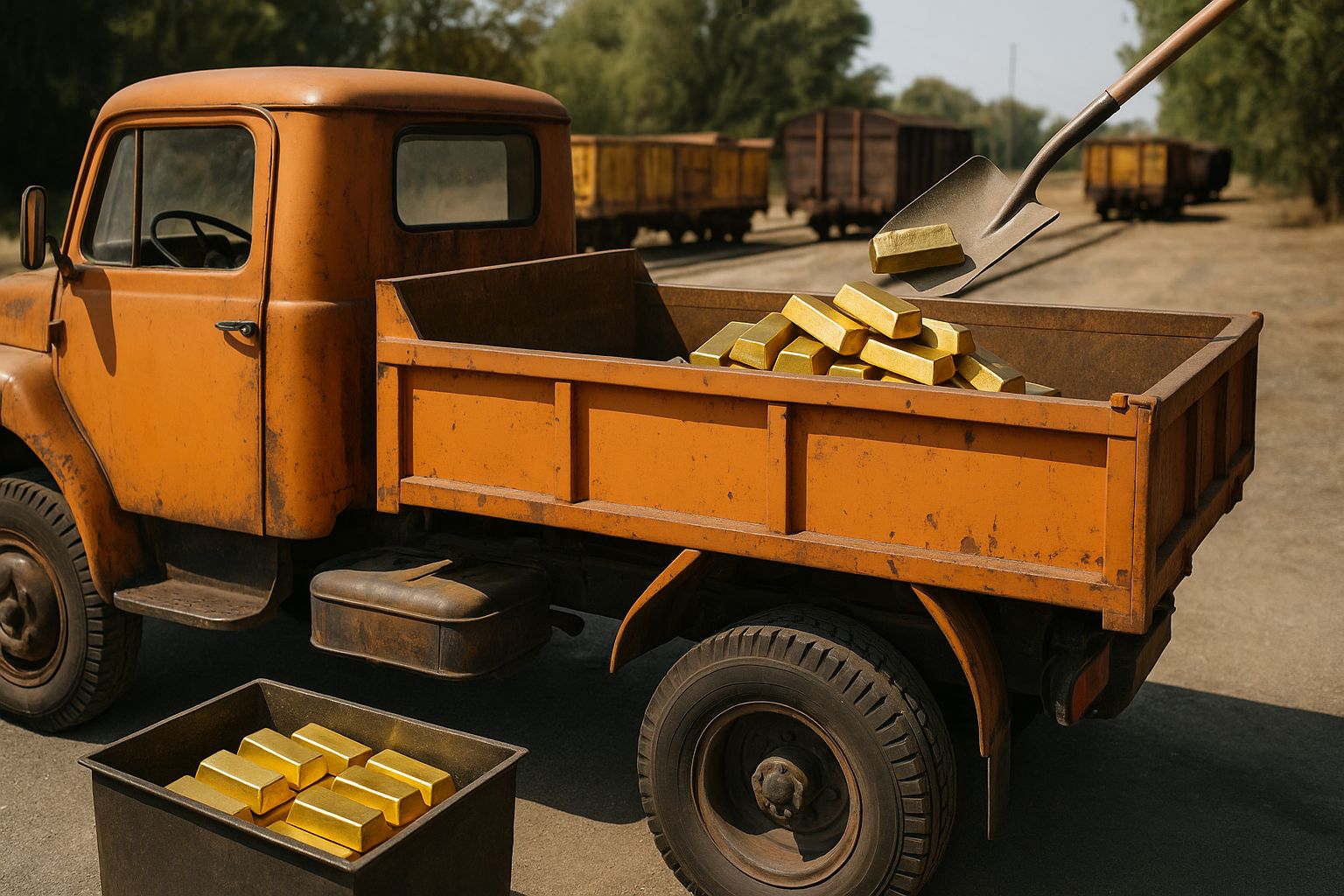 Lastbil lastar guldtackor under en guldauktion, i linje med "sälja guld" temat.