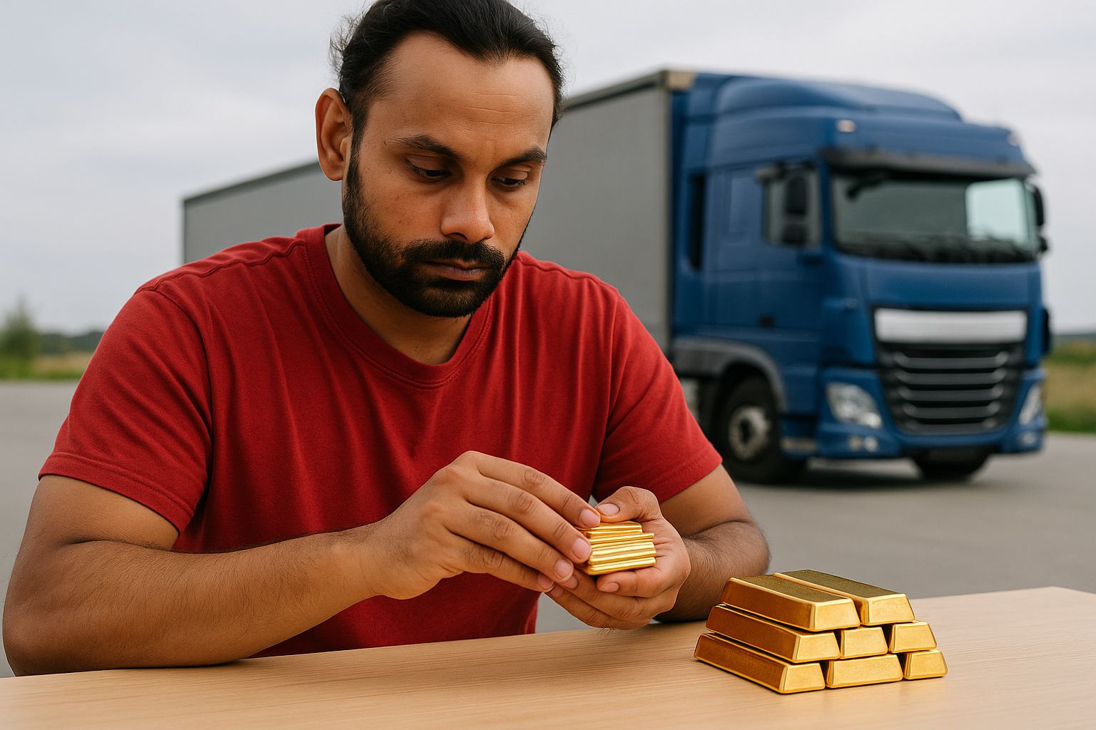 Förare granskar guldtackor vid ett bord med en lastbil i bakgrunden.